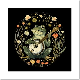 Retro Cottagecore Frog Musician Frog Playing Banjo Posters and Art